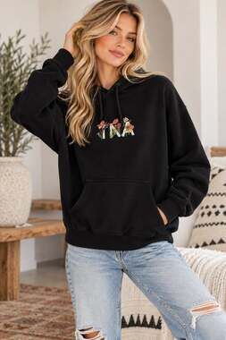 Aritzia TNA Black Floral Embroidered Hoodie Sweatshirt Womens S Boho Casual